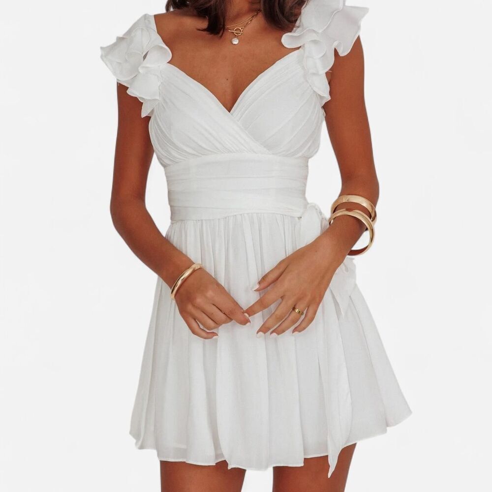 Selfie Leslie Whimsy Ruffle baby doll Dress– White bridal graduation XS